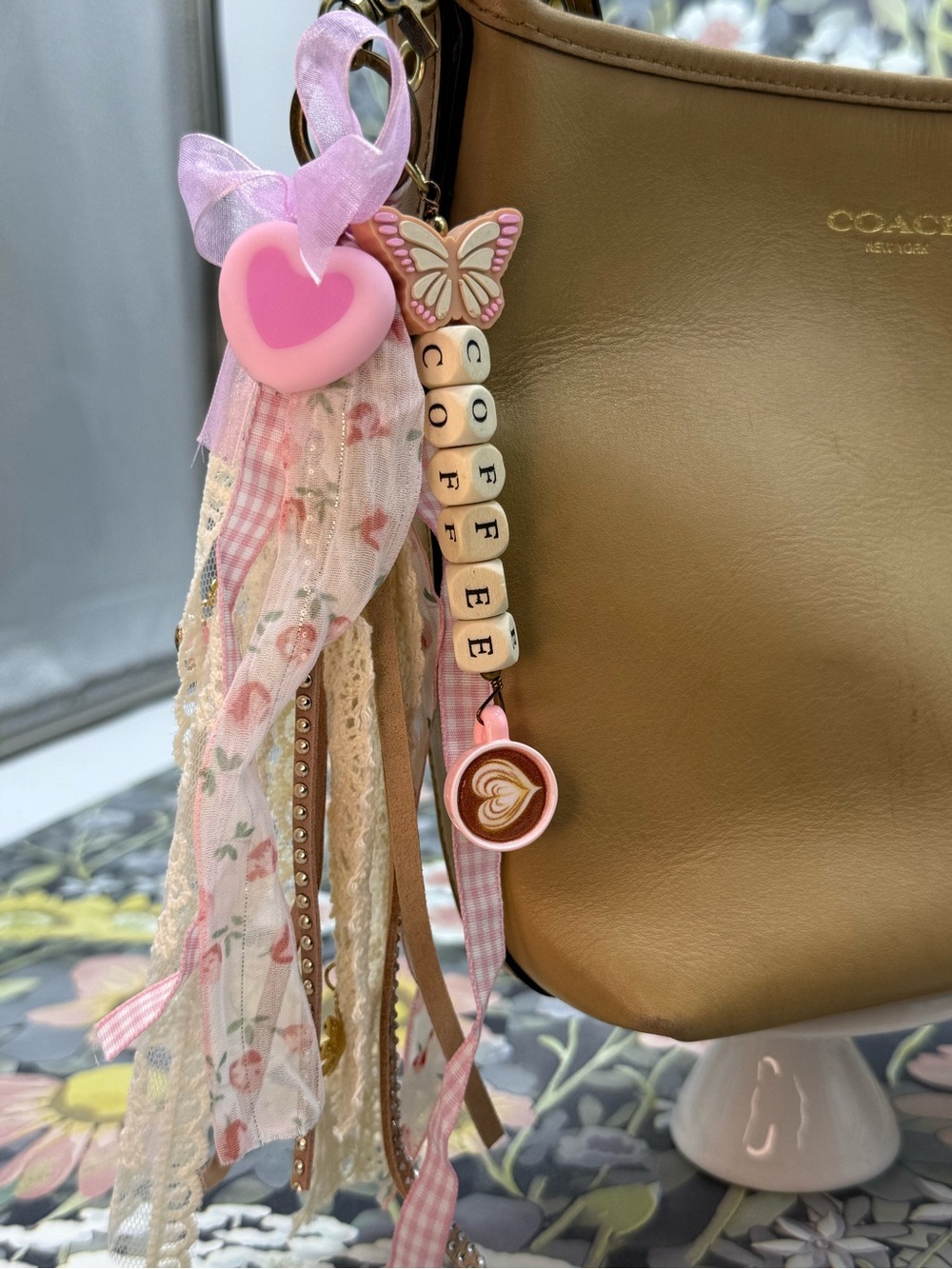 👑Adorned Crown Jewelry purse bag charm keychain coffee fabric tassel